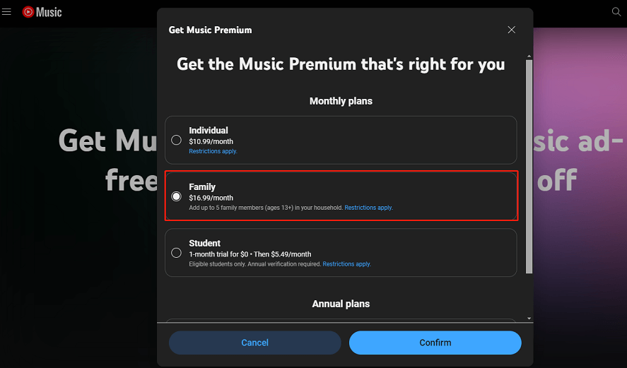 YouTube Music Premium family plan