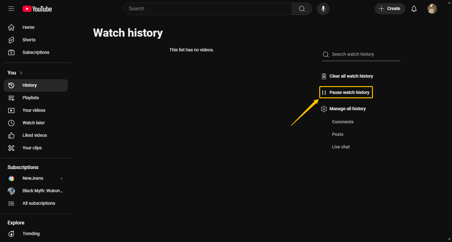 Click the Pause Watch History Option