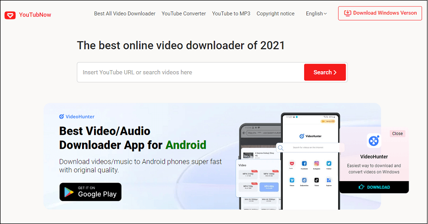 the interface of YouTubNow