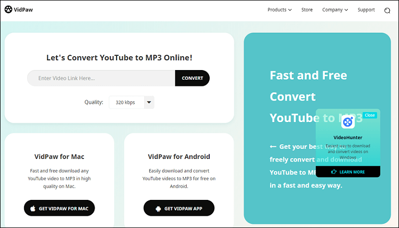 the interface of VidPaw YouTube to MP3 Converter