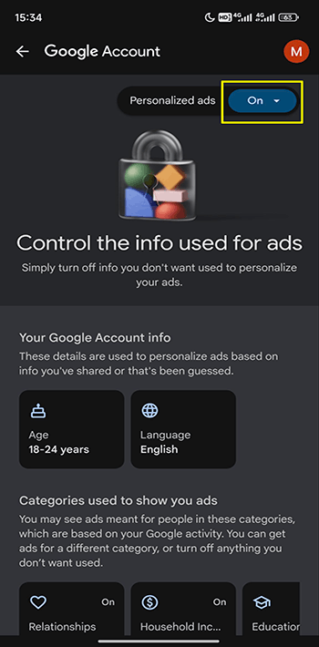 Turn off Personalized Ads