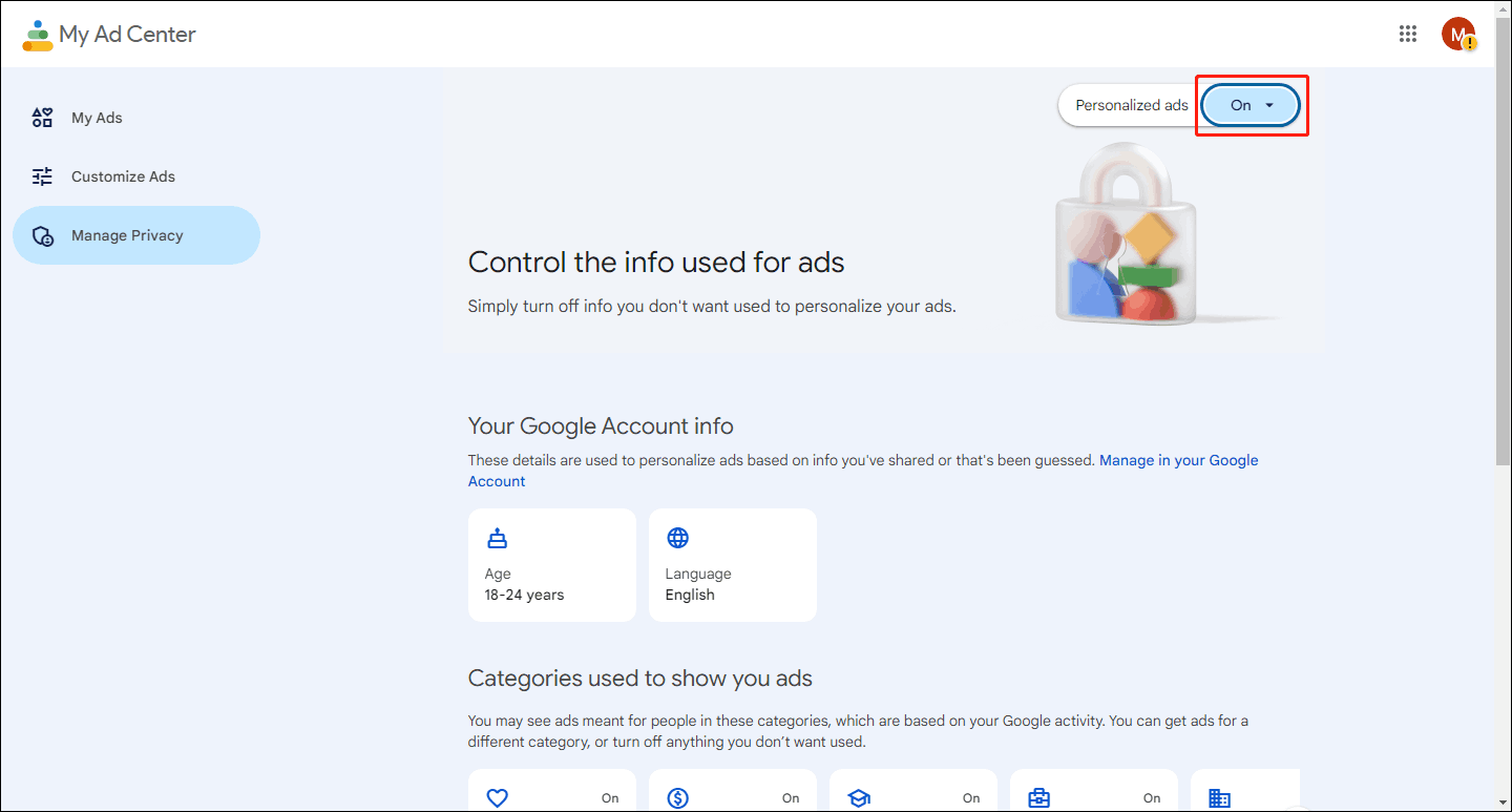 Turn off Personalized Ads