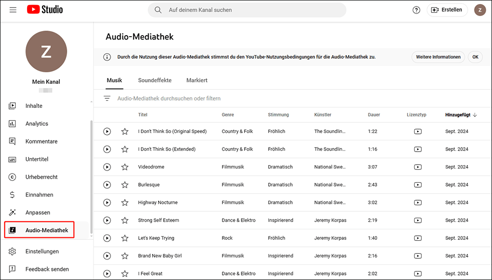 Zugriff auf die Audio-Mediathek im YouTube Studio