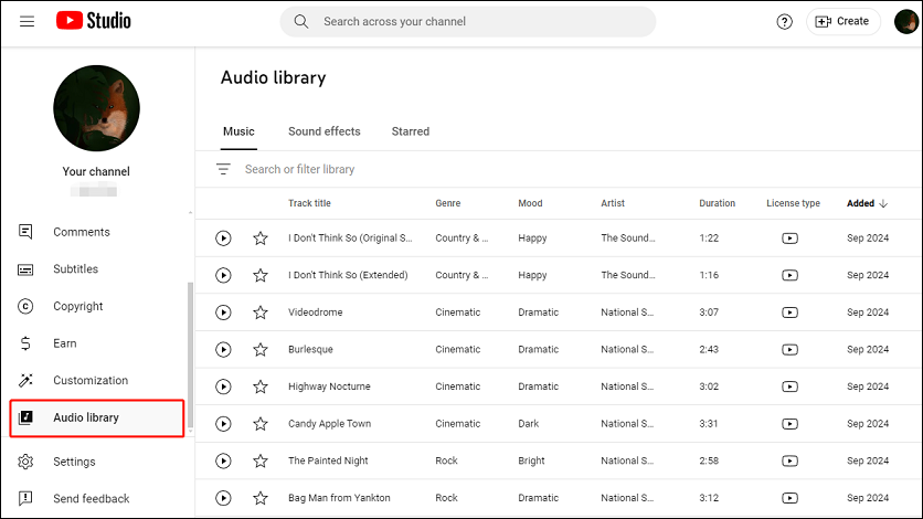 access Audio Library in YouTube Studio