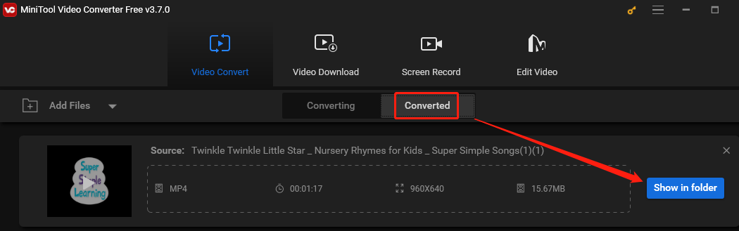 switch to Converted and click on Show in folder