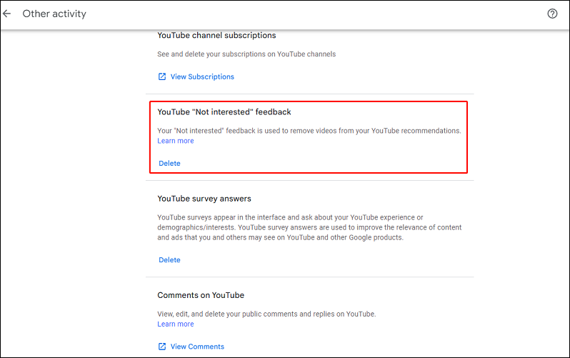 delete YouTube Not interested feedback