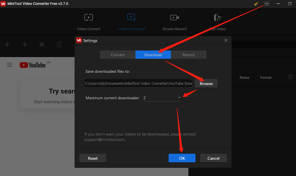 Customize the position to save the downloaded file and maximum current downloader in MiniTool Video Converter