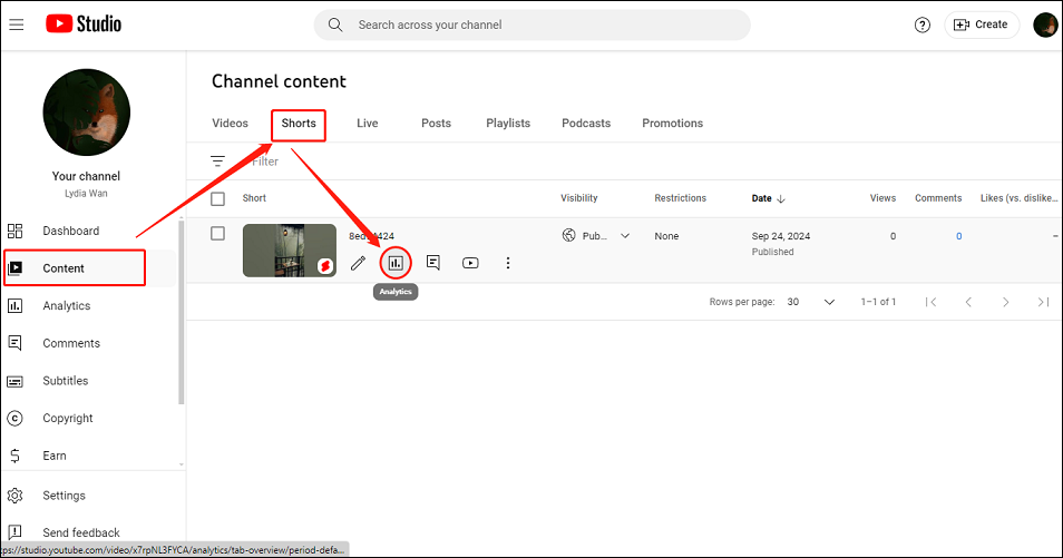 go to Content > Shorts > Analytics