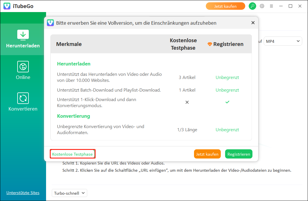 Auf die Schaltfläche Kostenlose Testphase klicken