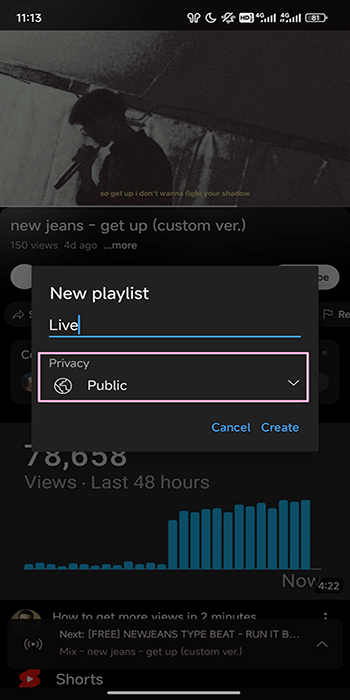 Give your new playlist a title, expand the Privacy options, and then choose Public or Unlisted