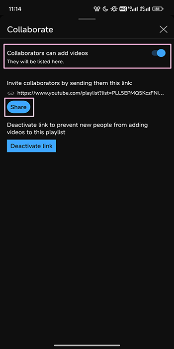 Turn on the toggle of Collaborators can add videos and tap the Share button