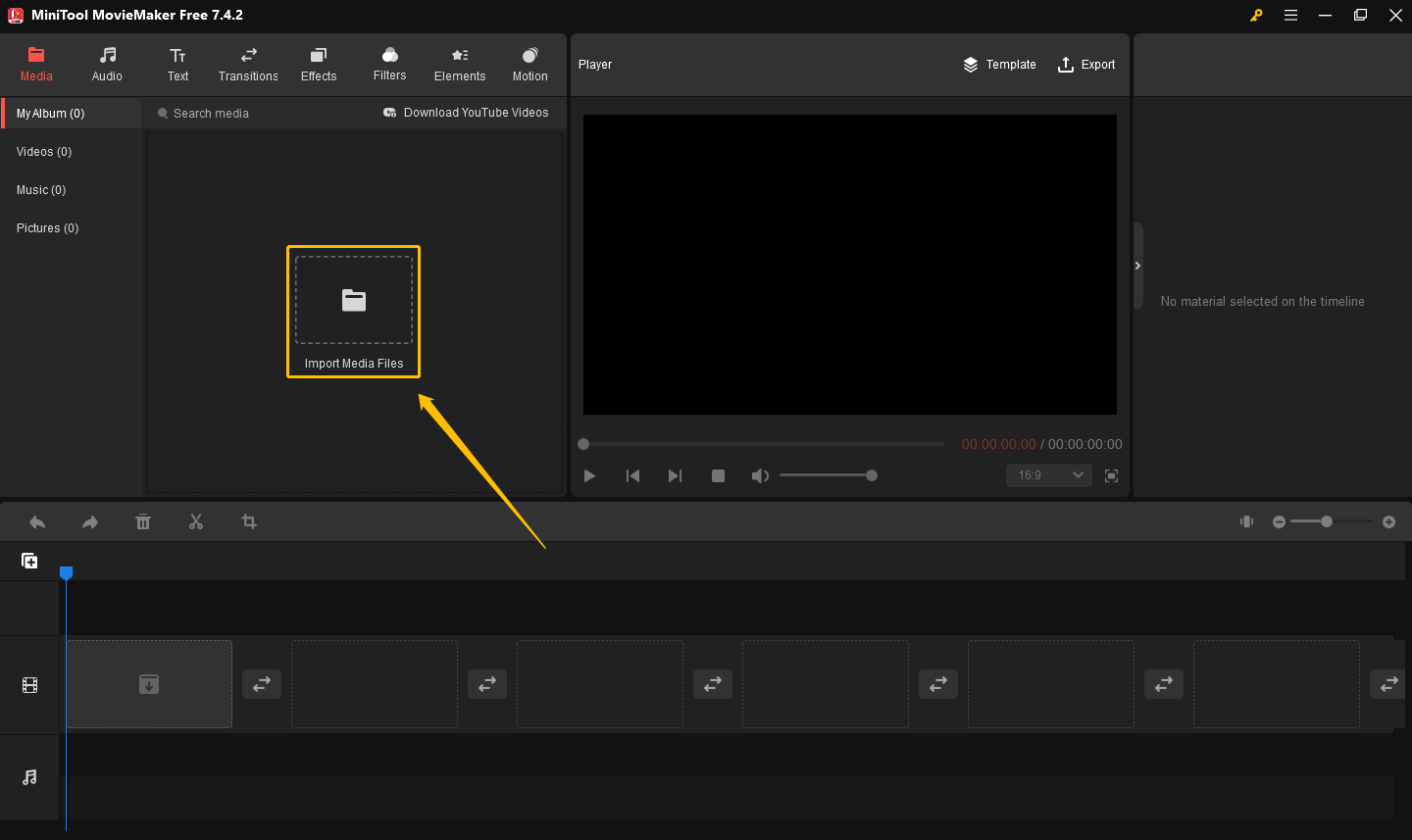 Click the Import Media Files option to add your YouTube short videos