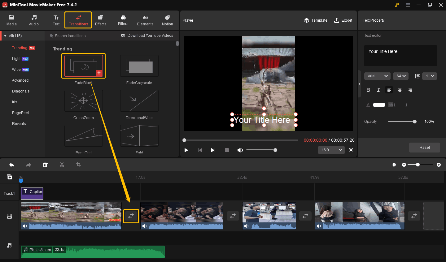 Drag a transition to the double-headed arrow icon between two videos