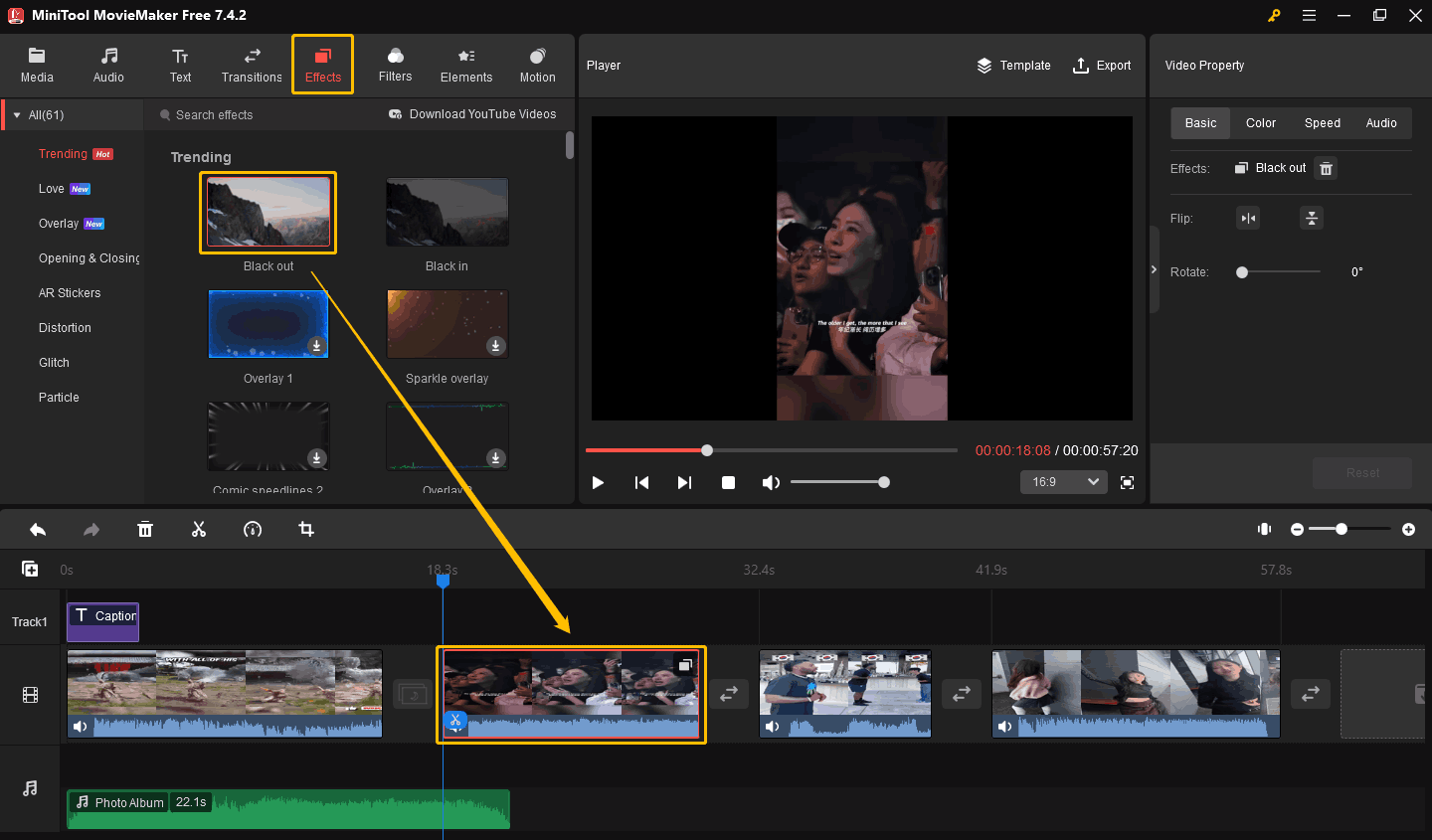 Select an effect and drag it to a video clip