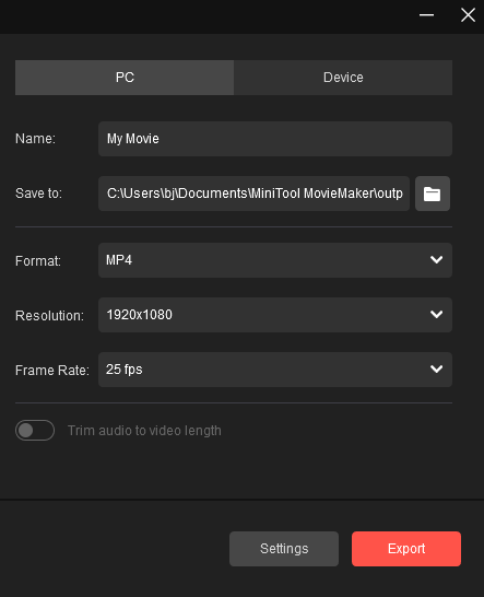 Select save location, export format, resolution, and frame rate and then click Export