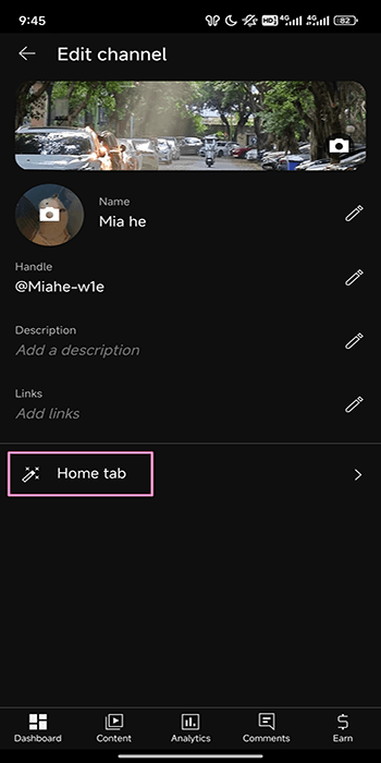 Choose the Home tab option