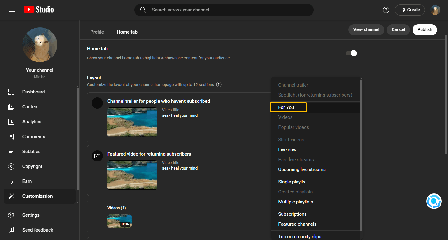 Select For You in the drop-down menu and add it to your channel homepage