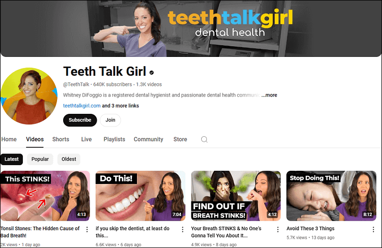 The Teeth Talk Girl channel on the YouTube website