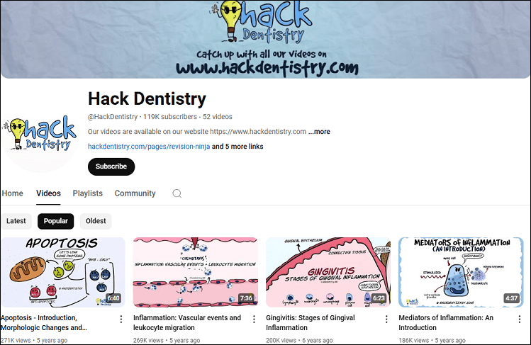 The Hack Dentistry channel on the YouTube website