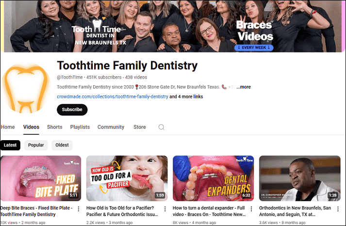 The Toothtime Family Dentistry channel on the YouTube website