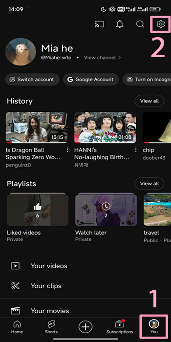 Open your YouTube app and go to the You tab. Then tap the Settings icon