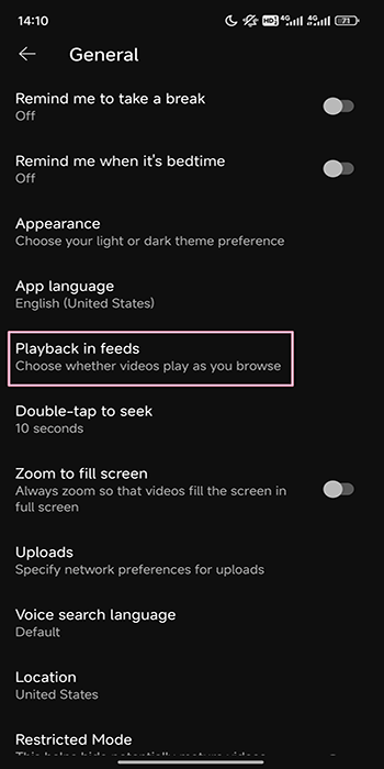 Select the Playback in feeds option to choose whether videos play as you browse