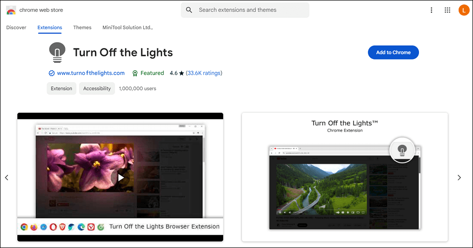 The Turn Off the Lights extension on Chrome Web Store