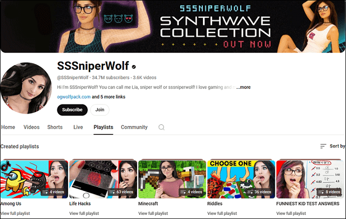 The SSSniperWolf channel on the YouTube website