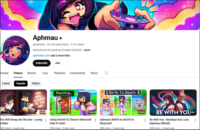 The Aphmau channel on the YouTube website