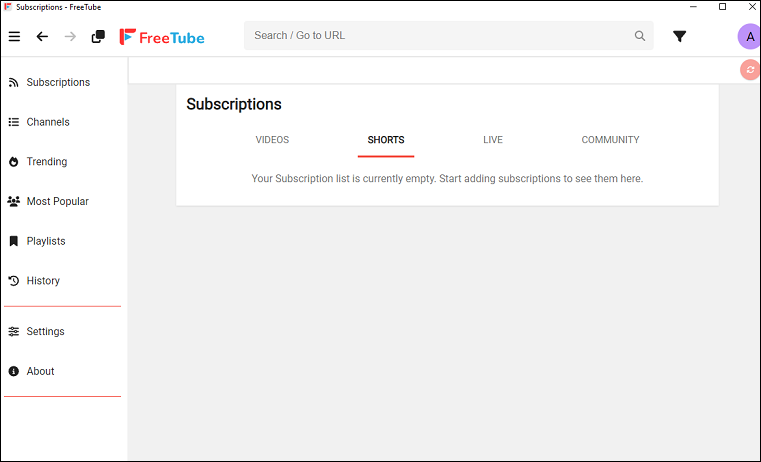 The main interface to download YouTube videos on the FreeTube app