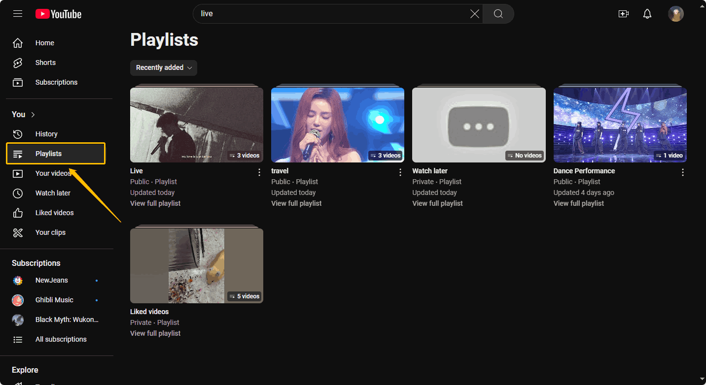 Choose the Playlists option from the left menu and you can see your watch later playlist, liked videos, and all the playlists you create