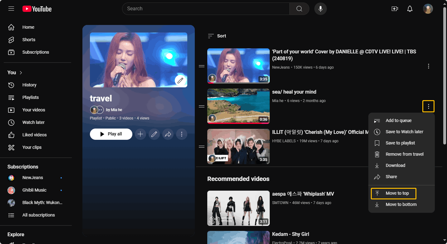 Click the three-dot icon of a video and select Move to top to make the thumbnail of this video become the thumbnail of the playlist