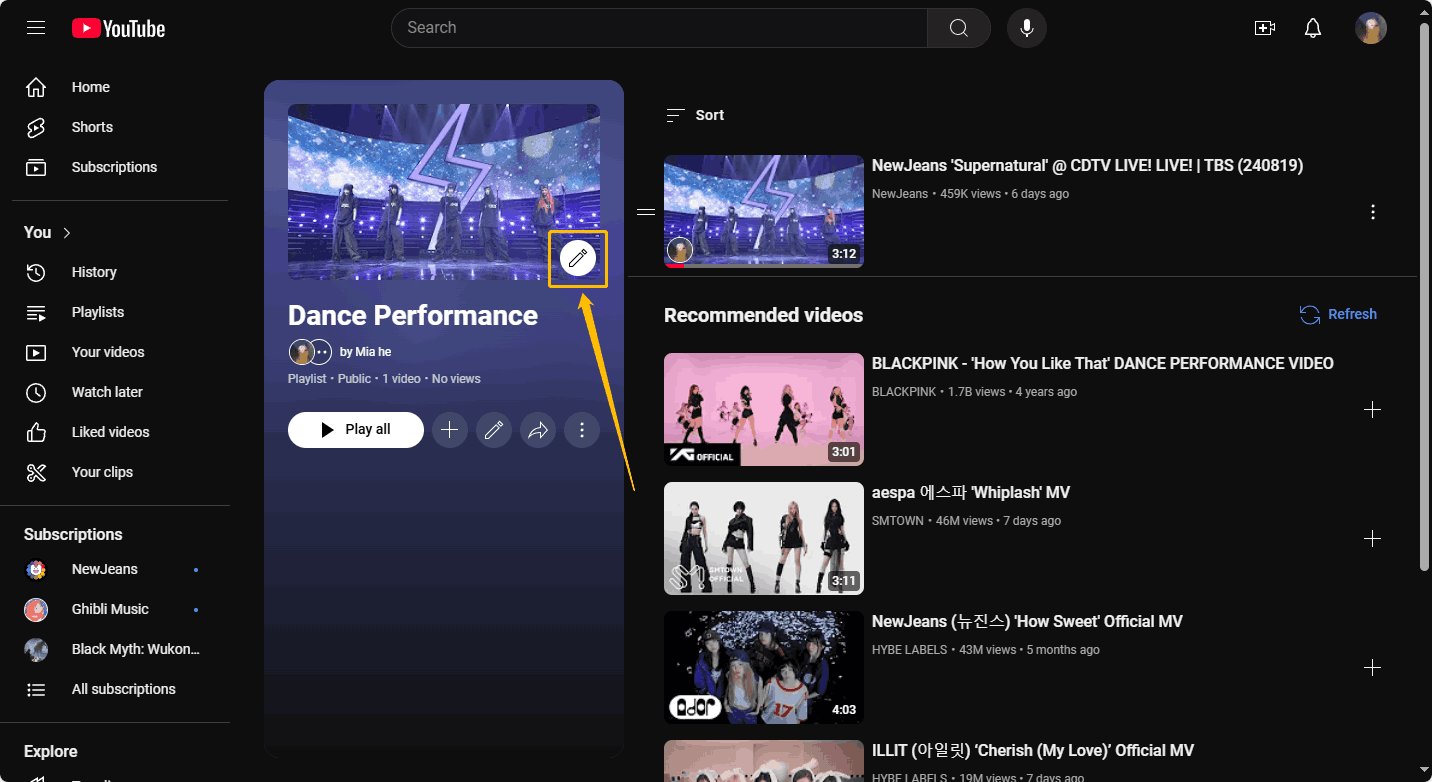 Choose the Edit icon at the bottom left corner of the playlist thumbnail