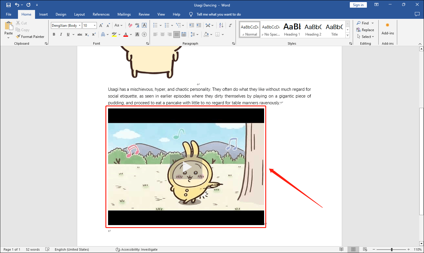 The YouTube video is inserted into the document