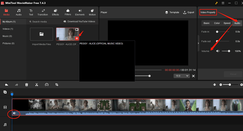 Click on the Mute icon or Volume to mute the video in MiniTool MovieMaker