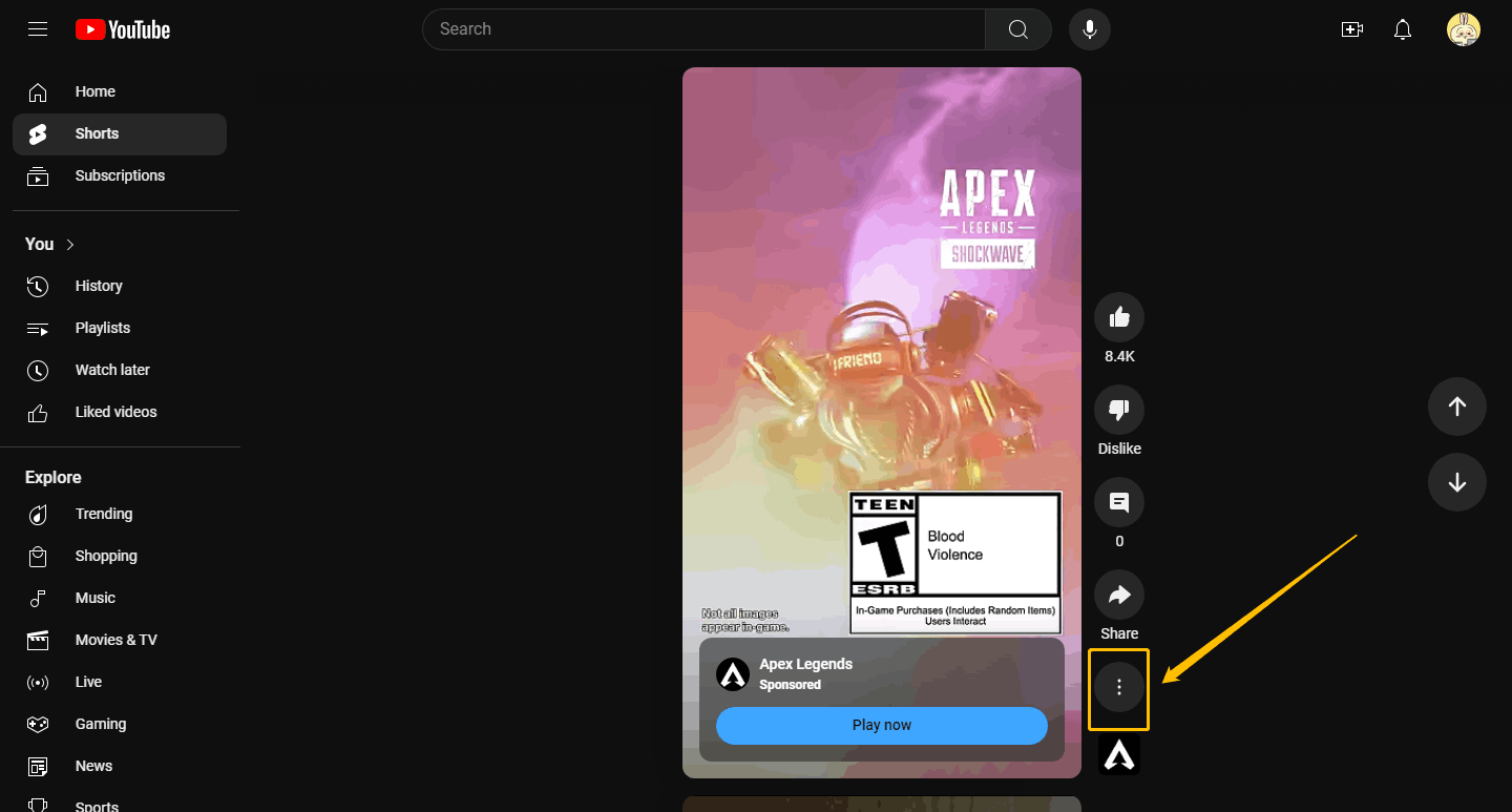 Click the three-dot icon at the bottom of the column next to YouTube short videos
