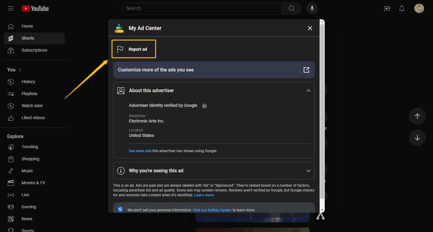 Choose the Report ad option