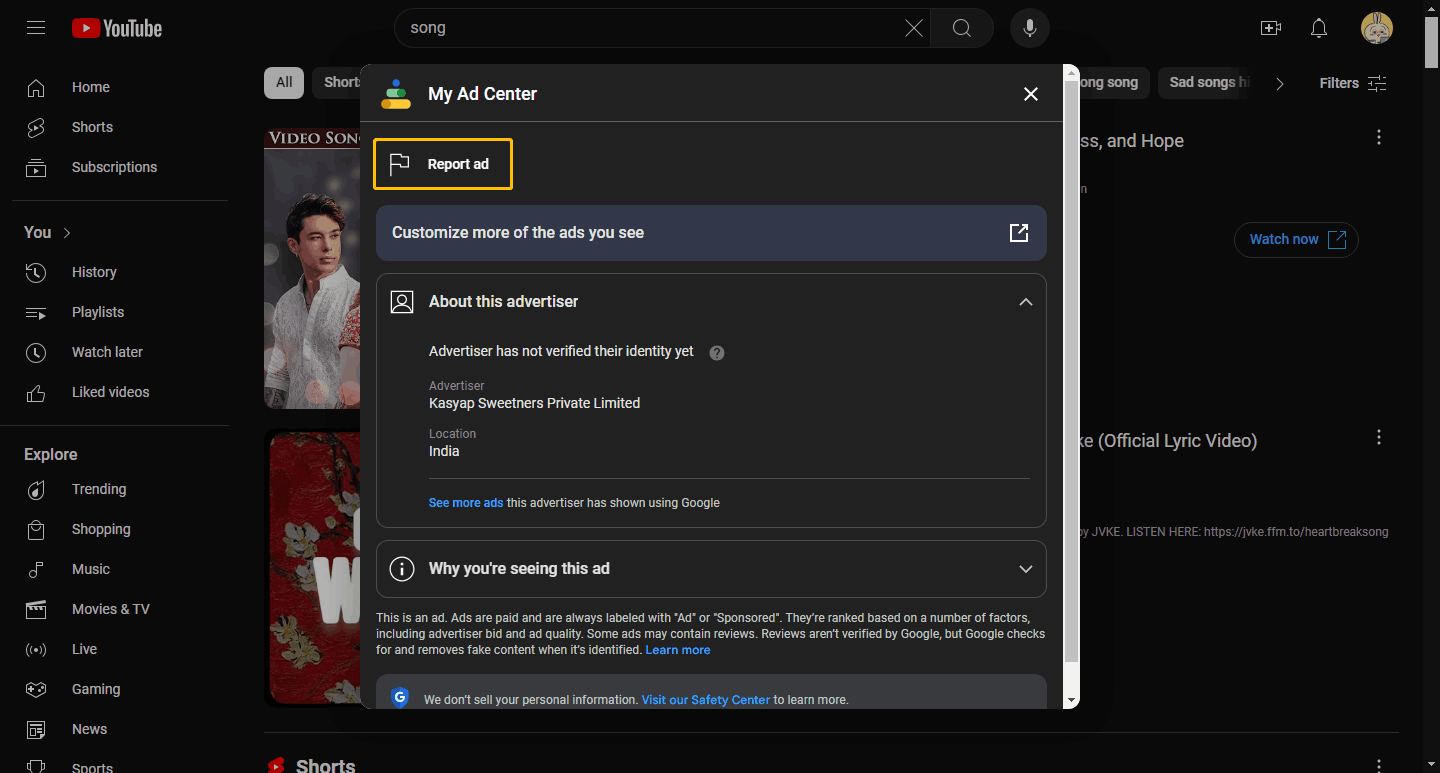 Select the Report ad option