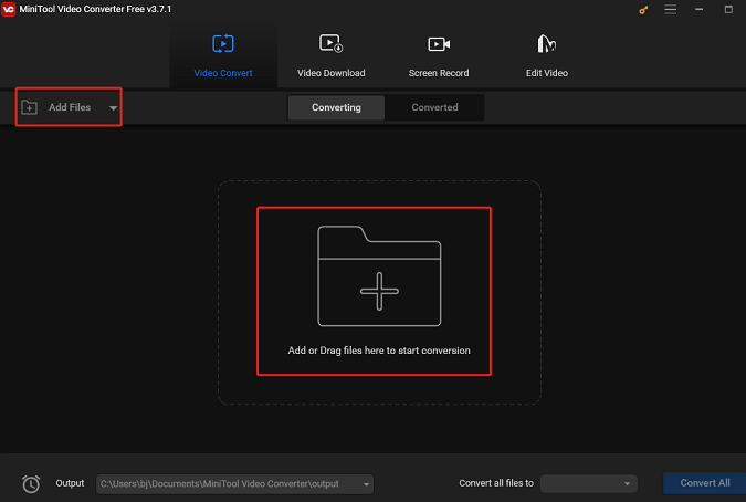 Click on Add Files or Add or Drag files here to start conversion to upload the target video in MiniTool Video Converter