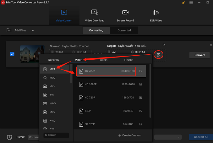 Find 4K Video to convert the original file to 4K in MiniTool Video Converter