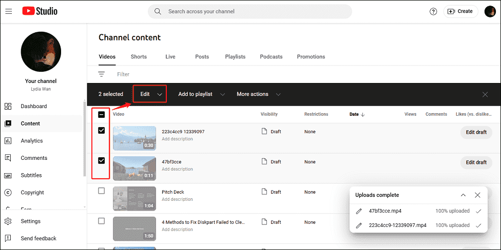 Select the videos and expand the down arrow next to Edit on YouTube
