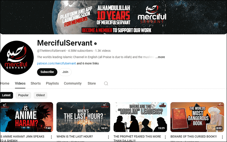 The MercifulServant YouTube channel on the YouTube website