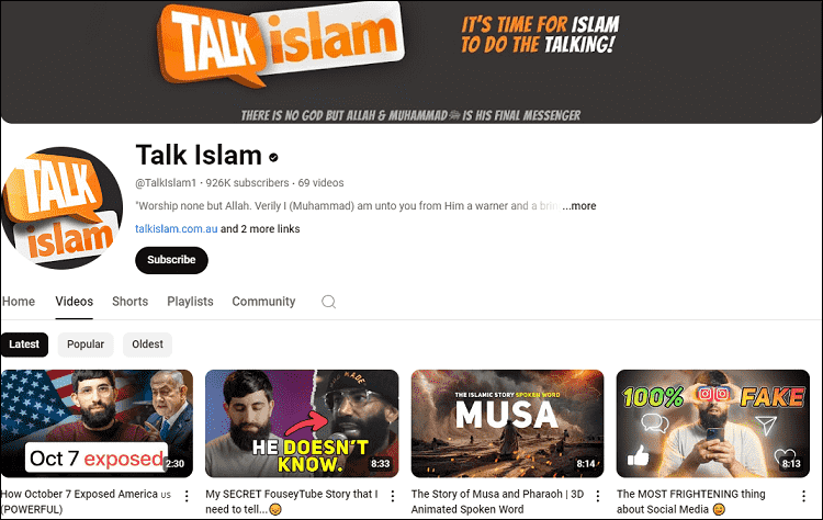 The Talk Islam YouTube channel on the YouTube website