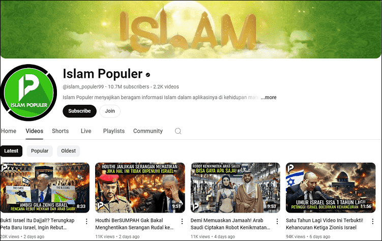 The Islam Populer YouTube channel on the YouTube website