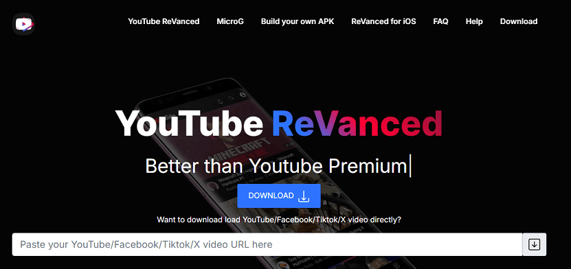 The screenshot of the official website of YouTube ReVanced