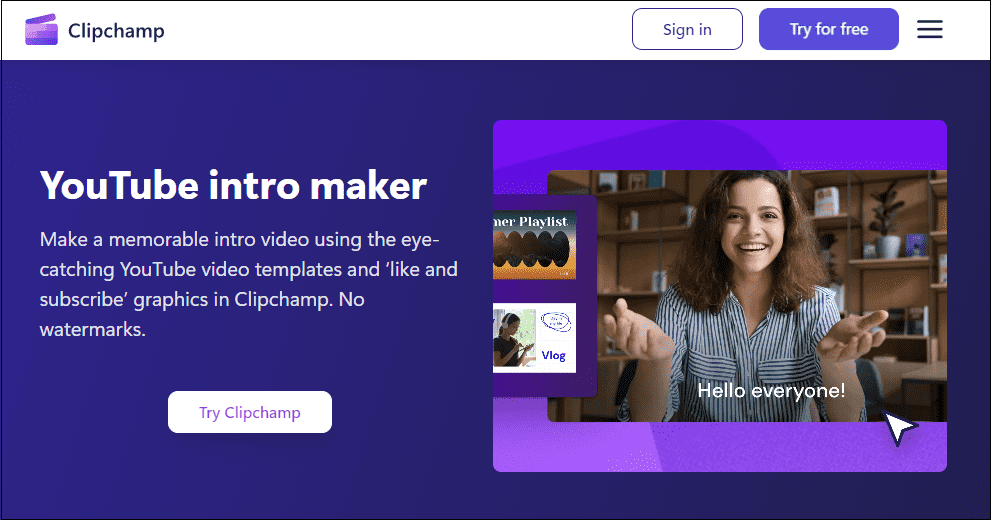 The main interface of Clipchamp’s YouTube Intro Maker