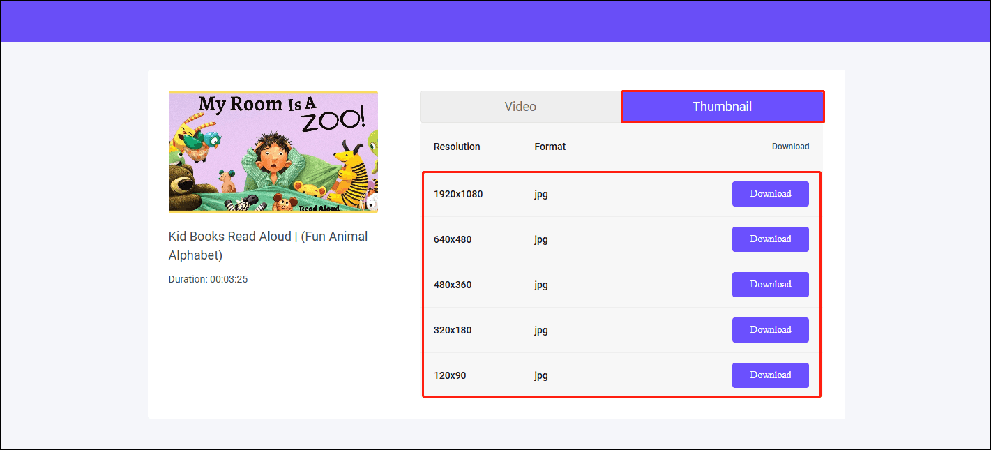 Choose the resolution and format you like and then click the Download button