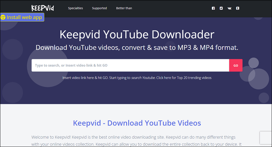 The official website of Keepvid on Chrome browser