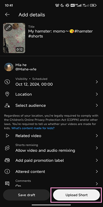 Back to the details page and choose Upload Short to schedule your YouTube short video