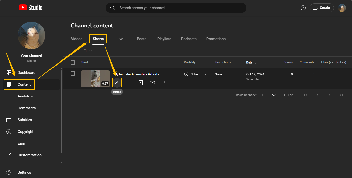 Choose Content > Shorts > Details to edit the details